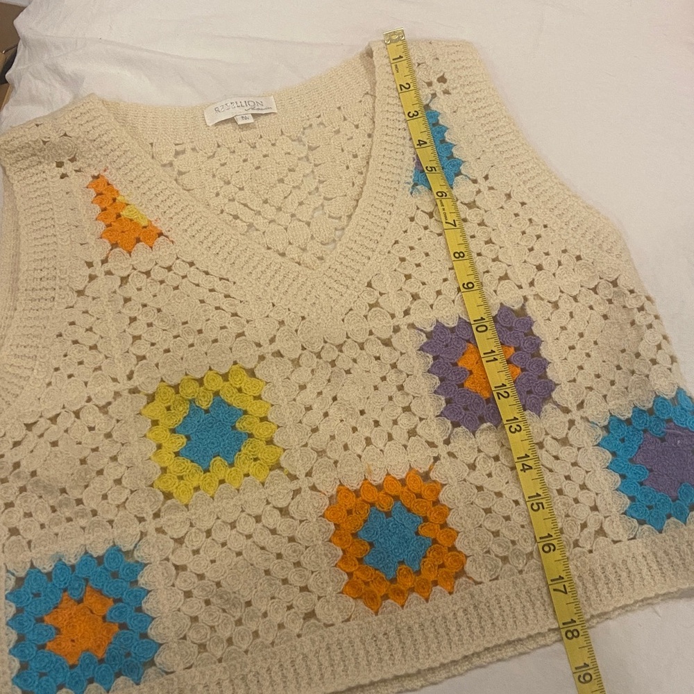 Rebellion V-Neck Crochet Sweater Vest - Cream with Colorful Accents - Picture 9 of 10